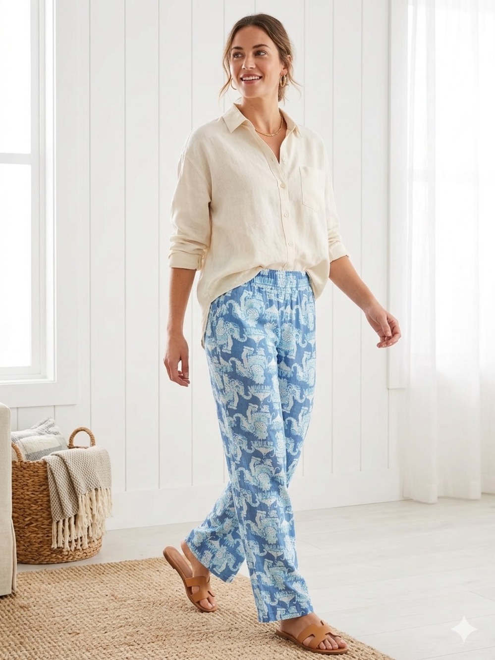 Lilly Pulitzer Florita Linen Pants Deep Indigo Joy Ride Elephant Print